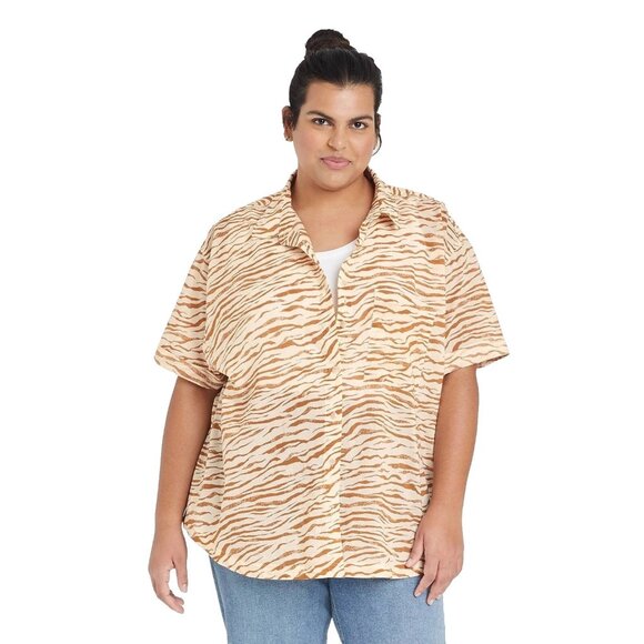 Ava & Viv Rust Brown Animal Print SS Button Front Lightweight Shirt - Women's 3X - Picture 1 of 7